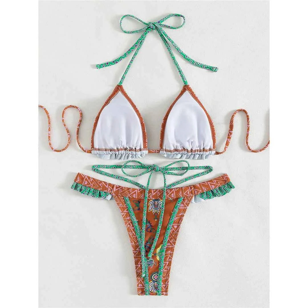 5 Colors Sexy Printed Halter Frilled Bikini Women Swimwear Female Swimsuit Two-pieces Bikini set Bather Bathing Suit Swim V4651