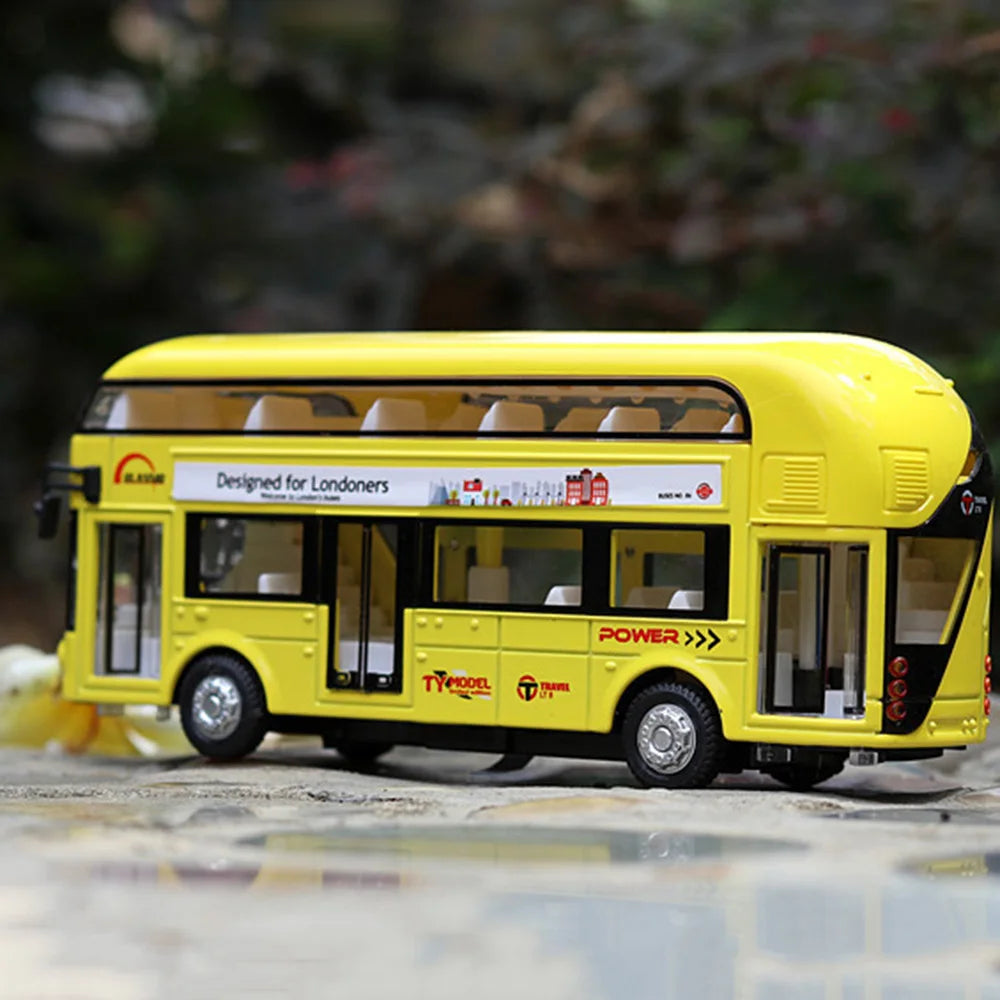 1/36 Scale Double Decker Bus Toy Car Model Alloy Diecast Sound Light Pull Back Doors Opened Vehicles Collectibles Birthday Gift