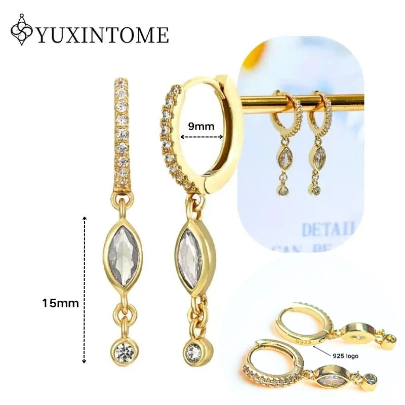Women's 925 Sterling Silver Ear Needle Crystal Zircon Water Droplets Stud Hoop Gold Huggie Earrings Premium Luxury Party Jewelry