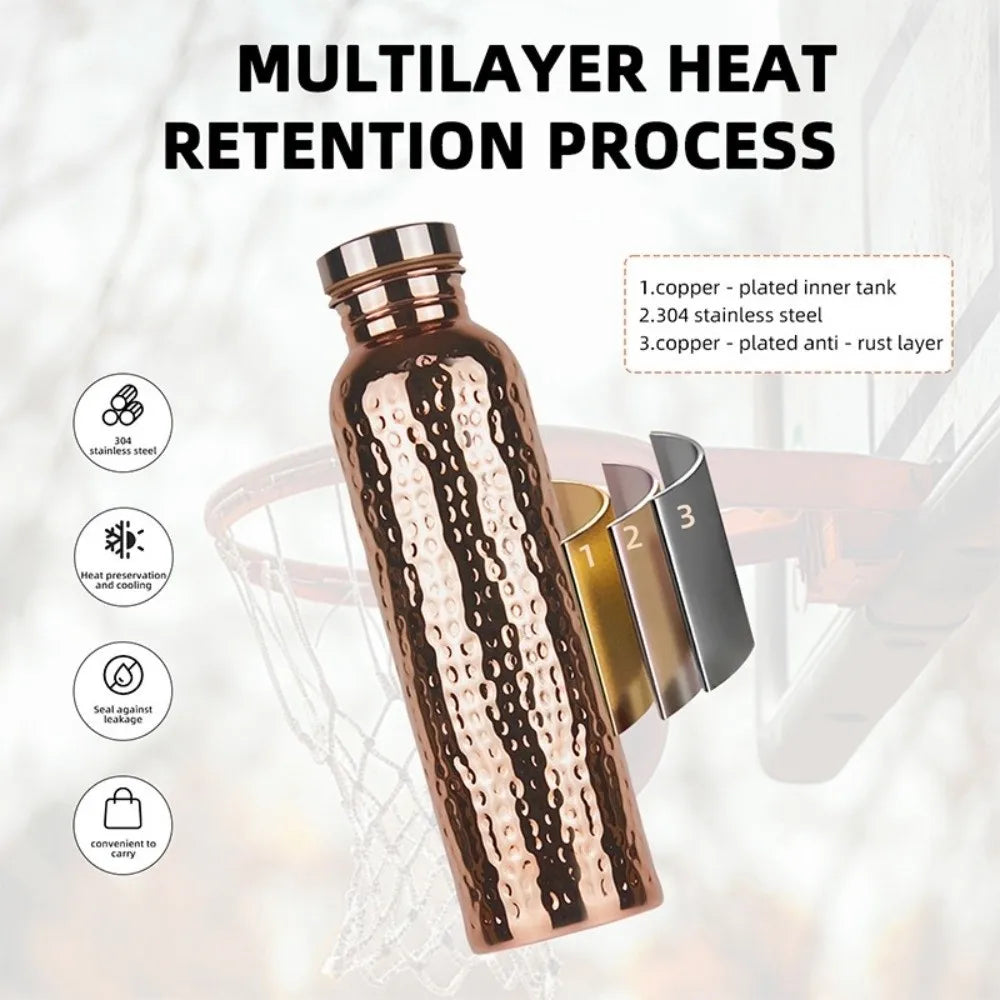 800ML Copper Water Bottle One-Click Open Lid Thermal Insulation Hammer Pattern Bottle Anti-Slip Silicone Base