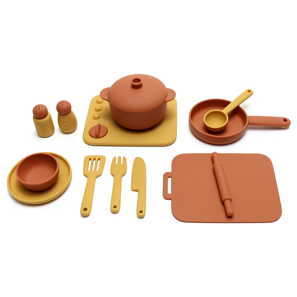 Kids Pretend Play Kitchen Toys, Food-Grade Silicone Dish Set, Realistic Mini Cooking Toys with Bowls, Plates, Pots for Toddlers