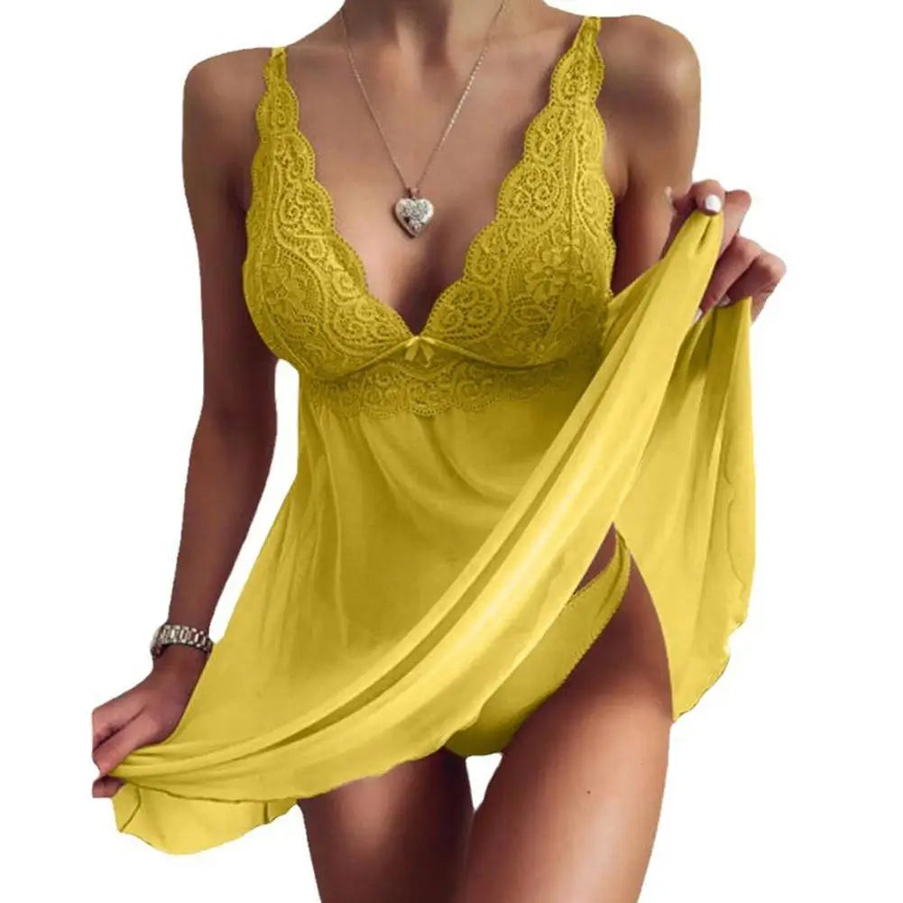 Women's Lingerie Set Seductive Deep V Neck Lace Chemise Nightwear, Sheer Mesh Babydoll Sleepwear Dress for Bridal Night