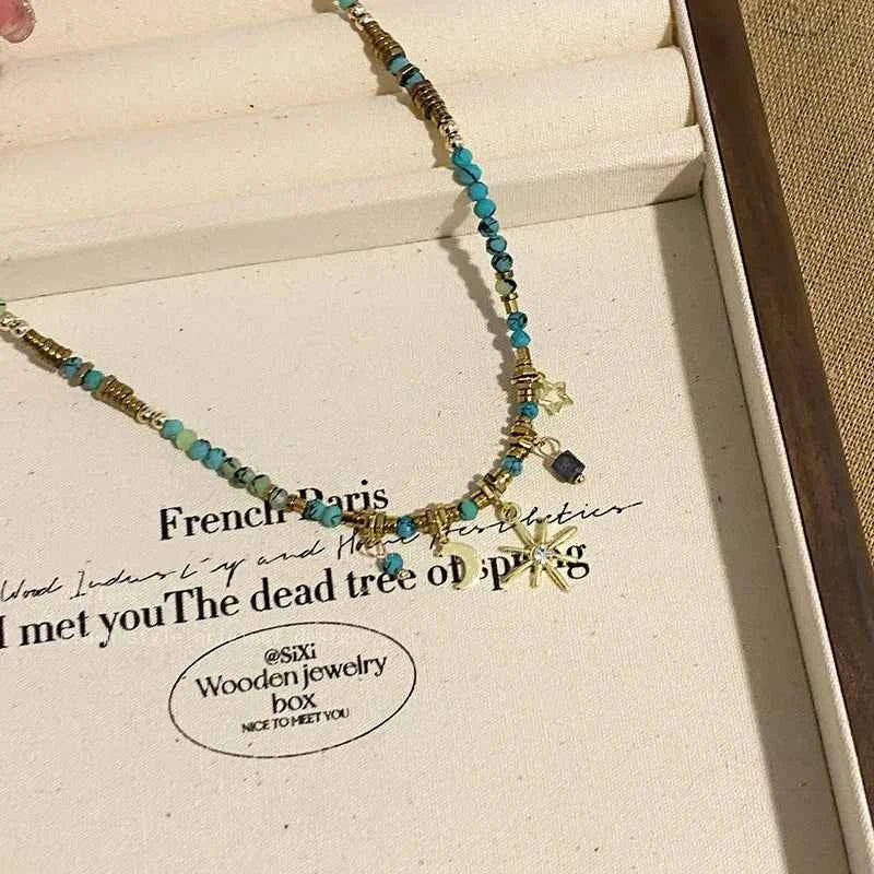 ZAKOL Vintage Bohemian Style Stone Beads Necklace for Women Charm Mang Star Pendant Stacked Clavicle Chain Fashion Jewelry Gifts