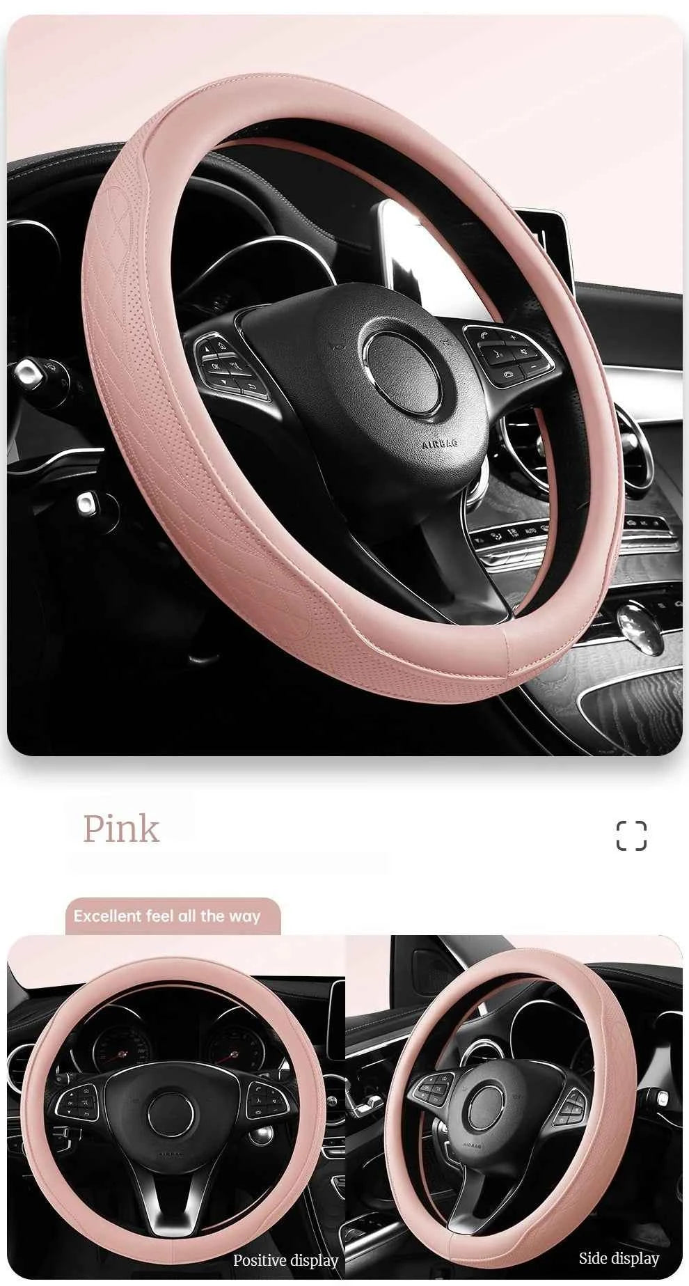Embossed PU Leather Patchwork Car Steering Wheel Cover, Non-slip, Breathable, Universal 15 Inch (Approx. 38cm)