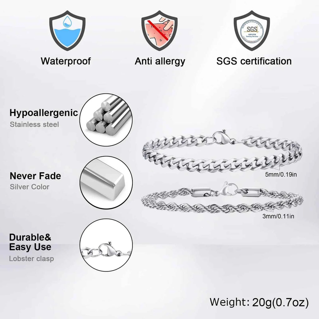 2pcs Men's Chain Bracelets,Stainless Steel Silver Gold Black Color Twist Rope Chain Wristband,Trendy Cuban Link Chains Gift