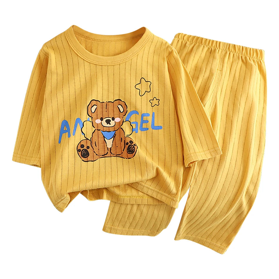 Summer Kids Cotton Pajama Sets Long Sleeve Pants Suitable Baby Gentle Nighttime Comfortable Sleepwear in Air Conditioned Rooms