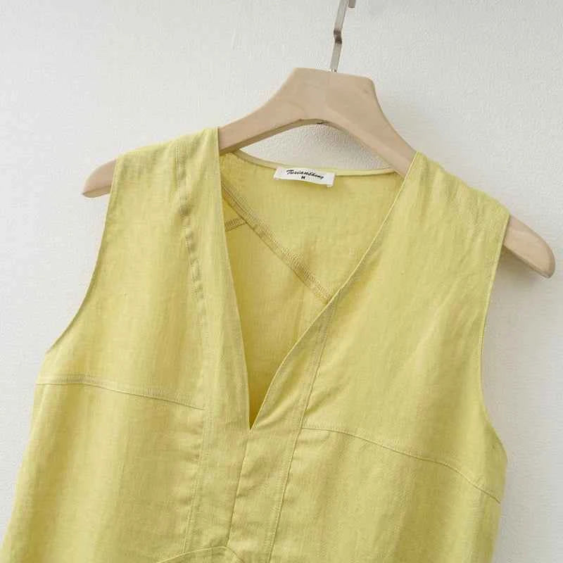 2025 Summer Women Solid Linen V Neck Sleeveless Fashion Dress Split Tank Dress