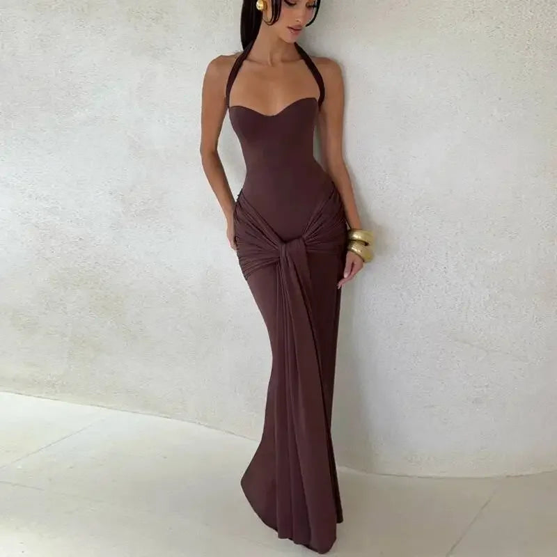 Sexy Backless Lace Up Halter Neck Maxi Dress Women Sleeveless Ruched Waist Draped Bodycon Dresses Party Evening Cocktail Robes