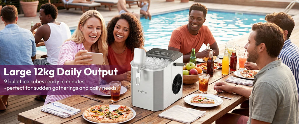 LOEFME 12kg/24h Electric Ice Maker Machine Bullet Ice 6 Mins 9pcs Ice Cubes Self-Cleaning Ice Maker for Home Cafes Camping Party