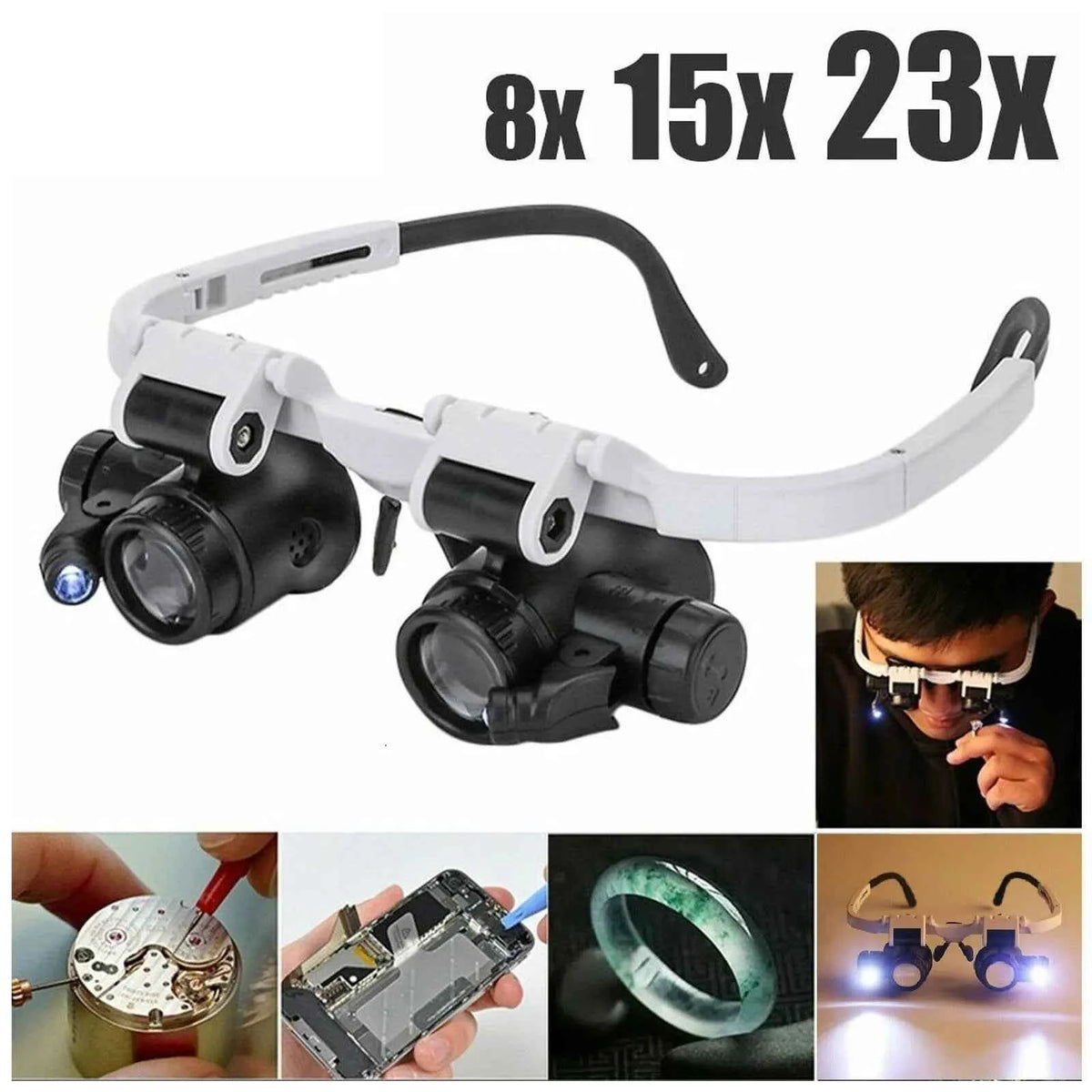 LED Headband Magnifier Glasses – 8X 15X 23X Loupes