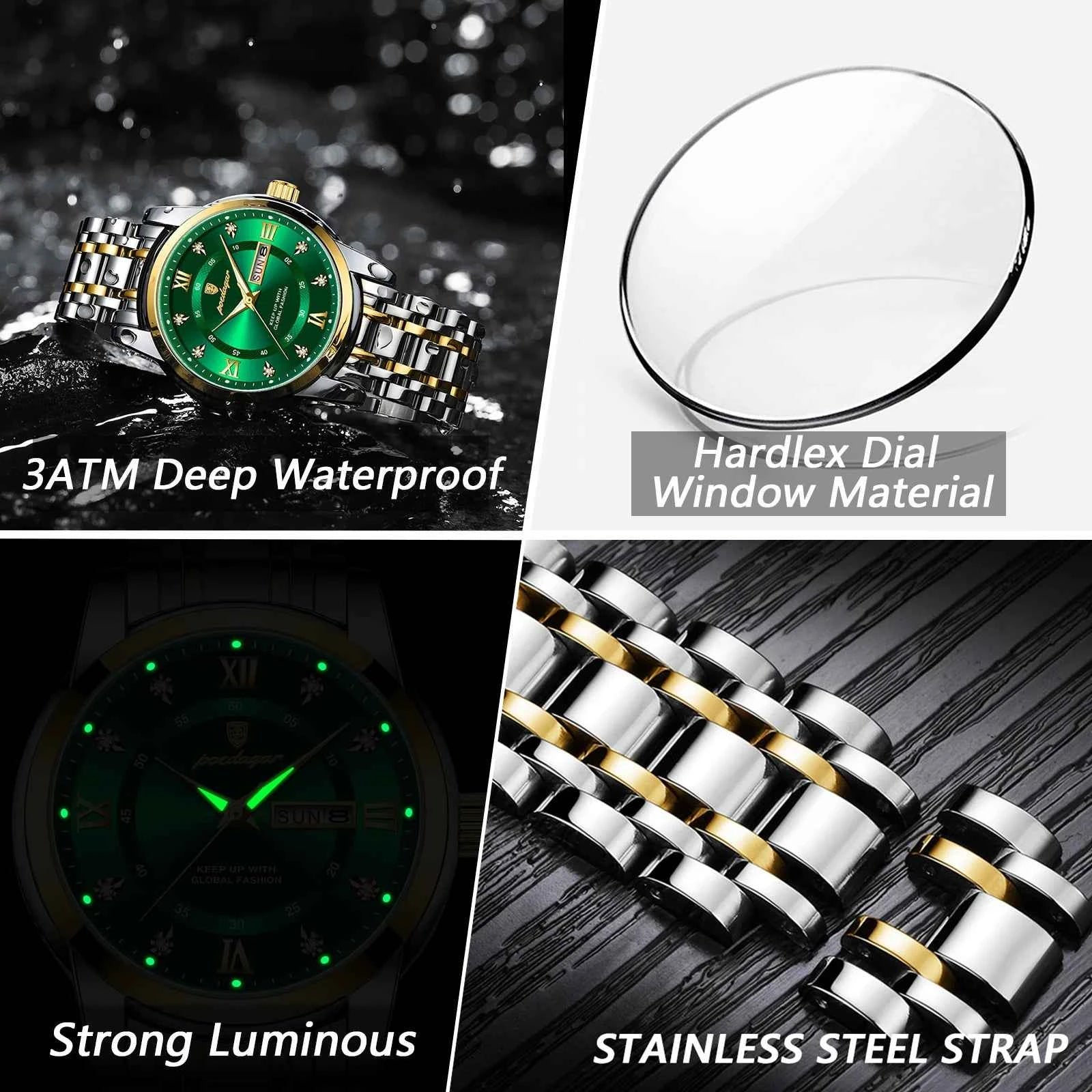 POEDAGAR Original Classic Man Watch Waterproof Luminous Date Week Watches for Men Quartz Stainless Steel Luxury Men's Wristwatch
