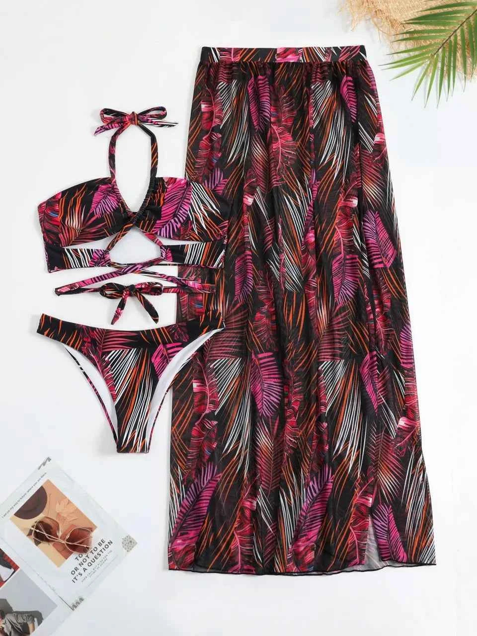 3 Pieces Print Cross Bikini 2025 Women Sexy Halter Swimsuit & Cover Up Beach Dress Swimwear Bathers Bathing Swimming Suit Summer