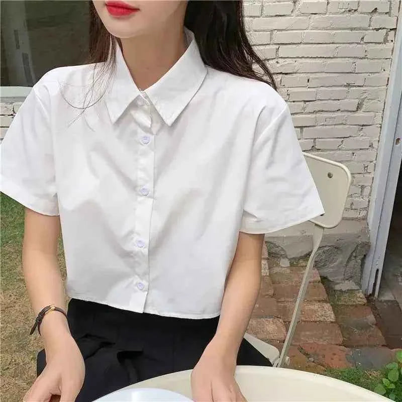 Oversize Cropped White Shirt Women Summer Short Sleeve Polo Neck Button Down Basic Short Sleeve Shirts Korean Female Blouses