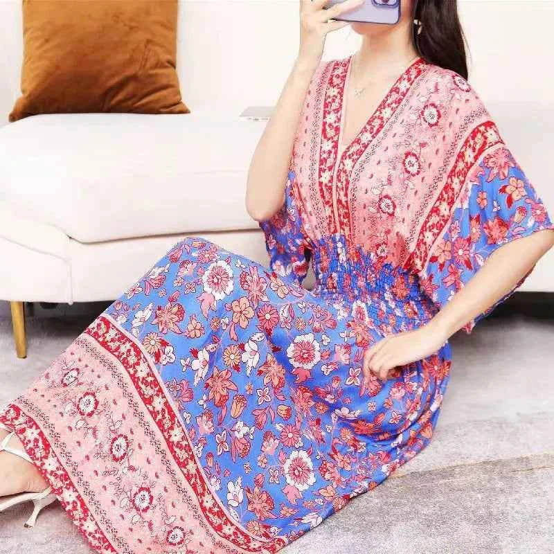 Colorful Flower V-neck Elastic Youthful Bohemian Sweet Midi Dress Woman Clothes Chic Fashion Summer Dresses 2025 Large Swing Ski
