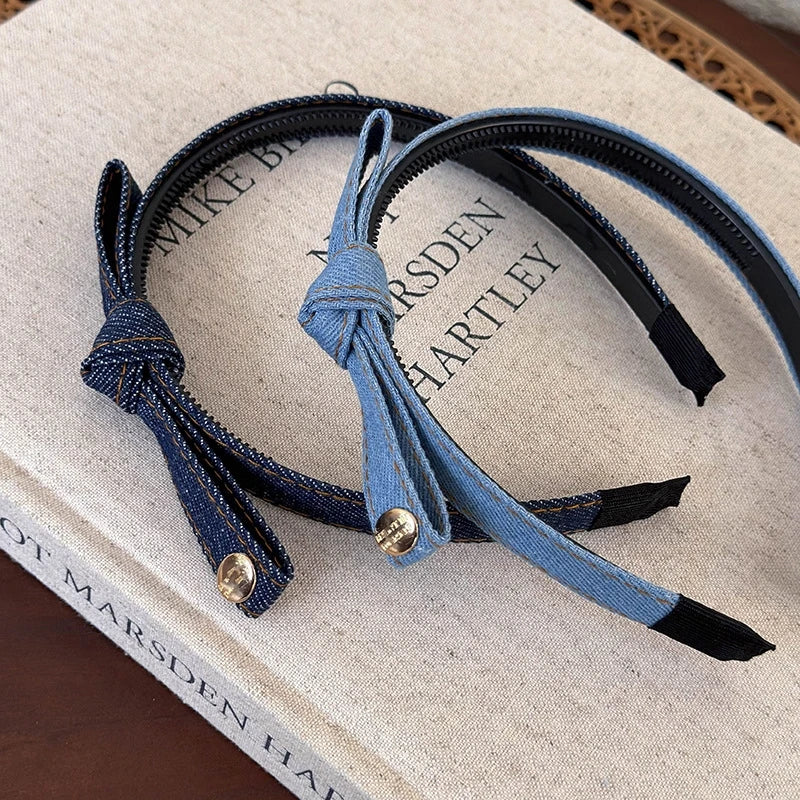 Elegant Denim Blue Bow Hairband with Tooth Retro Headband for Women Girls Hair Bands Hair Accessories