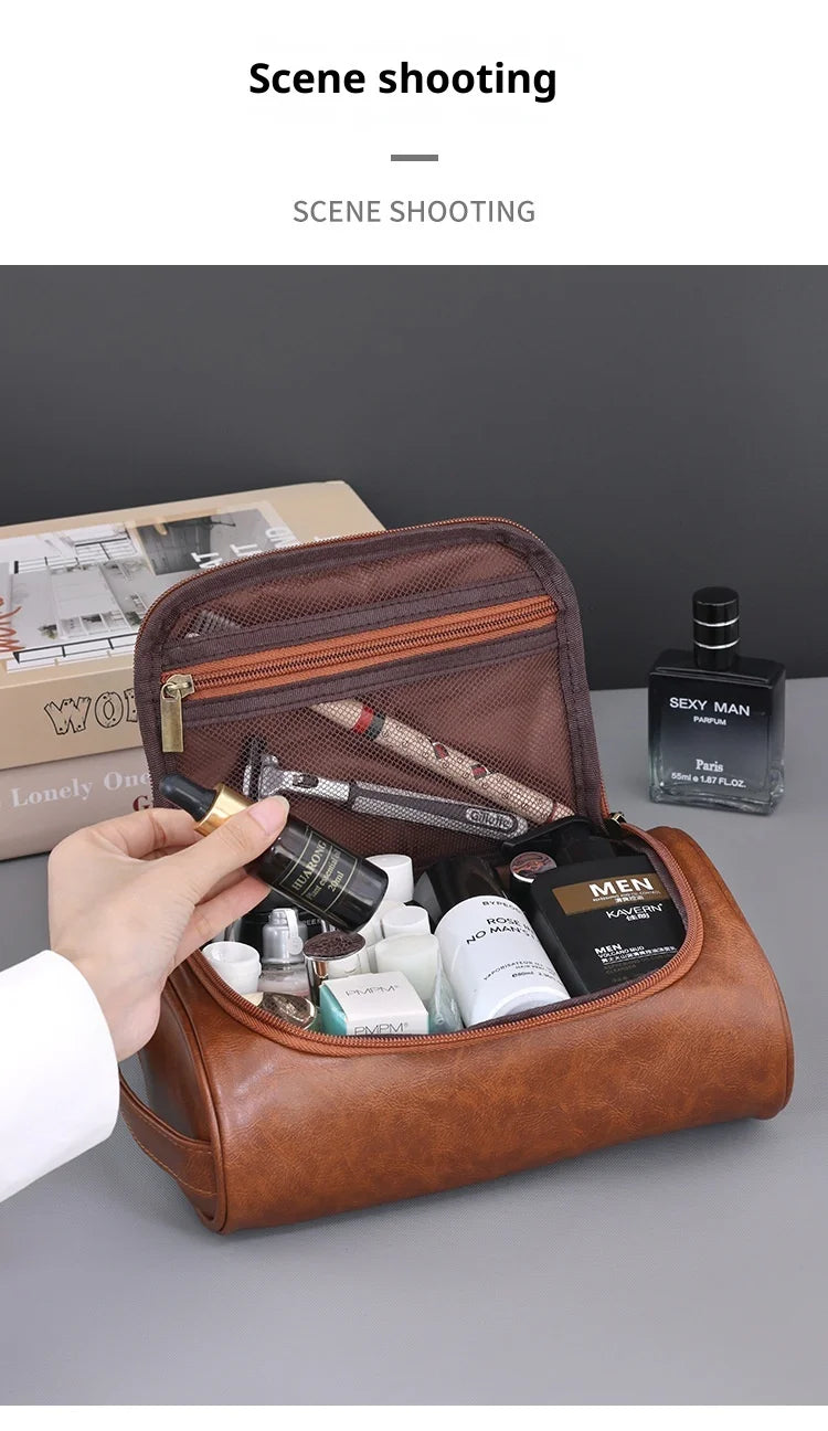 Large Capacity Men Leather Wash Bag Travel Business Trips Portable Cosmetic Bag Multi Pocket Design Handheld Leather Wash Bag LI