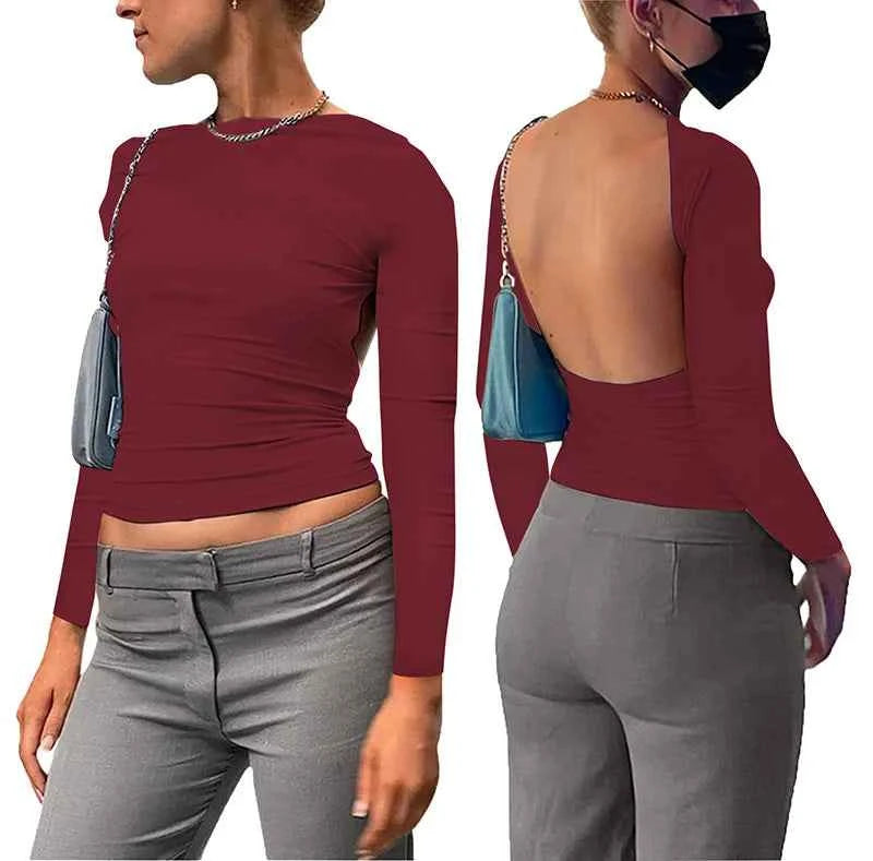 Backless Short Sleeve Blue Y2K Crop Top Women Casual O Neck  Summer T Shirts Sexy Vintage Cut Out