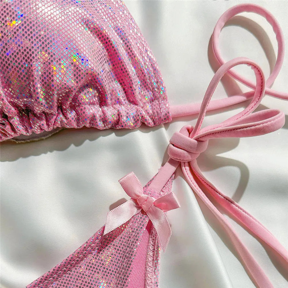 Yellow Halter String Triangle Micro Bikini Thong Solid Swimwears Bow Pearl Sexy Swimsuit Women Bathing Suit Bikinis Sets 2026