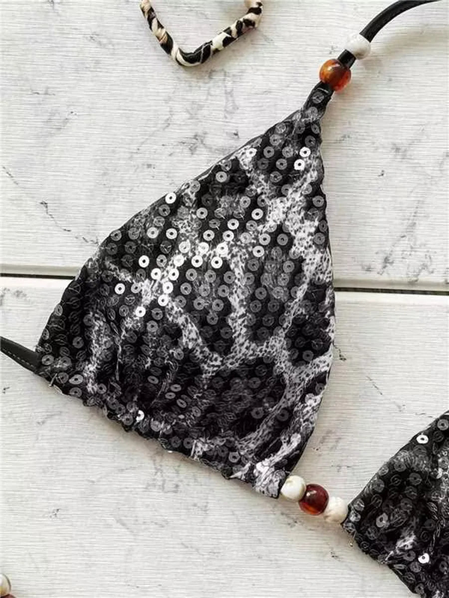 2026 Leopard Sequins Halter Strappy Bikini Women Swimwear Female Swimsuit Two-pieces Bikini Set Bather Bathing Suit Swim Lady