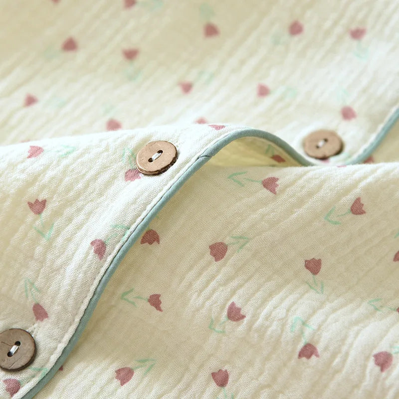 2025 Summer Women Pajamas Cute Tulip  Printing Sleepwear 100% Cotton Gauze Female 2 Piece Set  Nightwear Pyjamas Loungewear