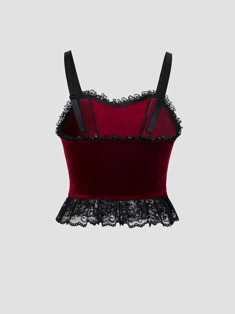 Women Elegant Retro T-shirt Y2K Gothic Style Lace Backless Top Woman Wine Red Sling Tank Waistcoat Sexy Slim Fit Crop Tops