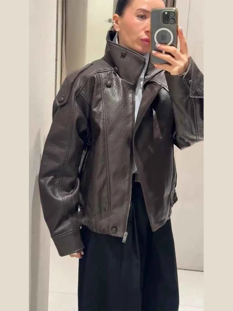 Vintage PU Leather Women's Jacket Stand Collar Zipper Button Coats Female Long Sleeve Outerwear Spring Lady Street Jackets
