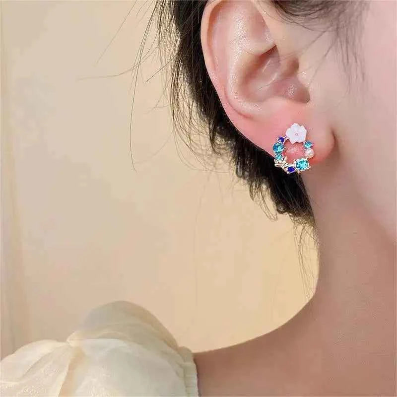Colorful Flower Earrings Imitation Pearl Geometric Stud Earrings For Women Sweet Elegant Earrings For Party Banquet Jewelry Gift