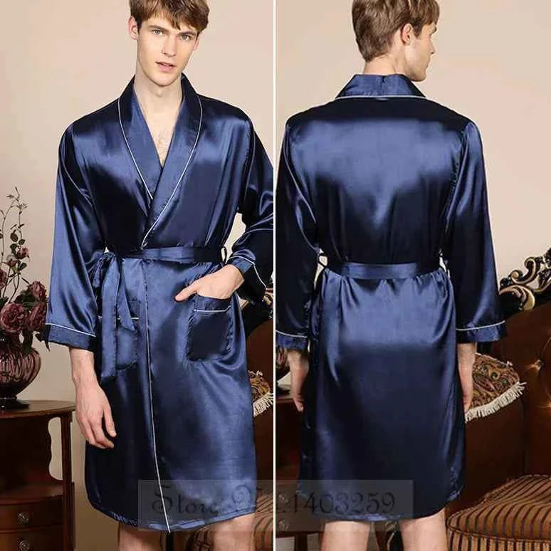 Plus Size 3XL 4XL 5XL Men Robe Sleepwear Navy Blue Stripe Kimono Bathrobe Gown with Pocket Summer Satin Home Clothes Lounge Wear