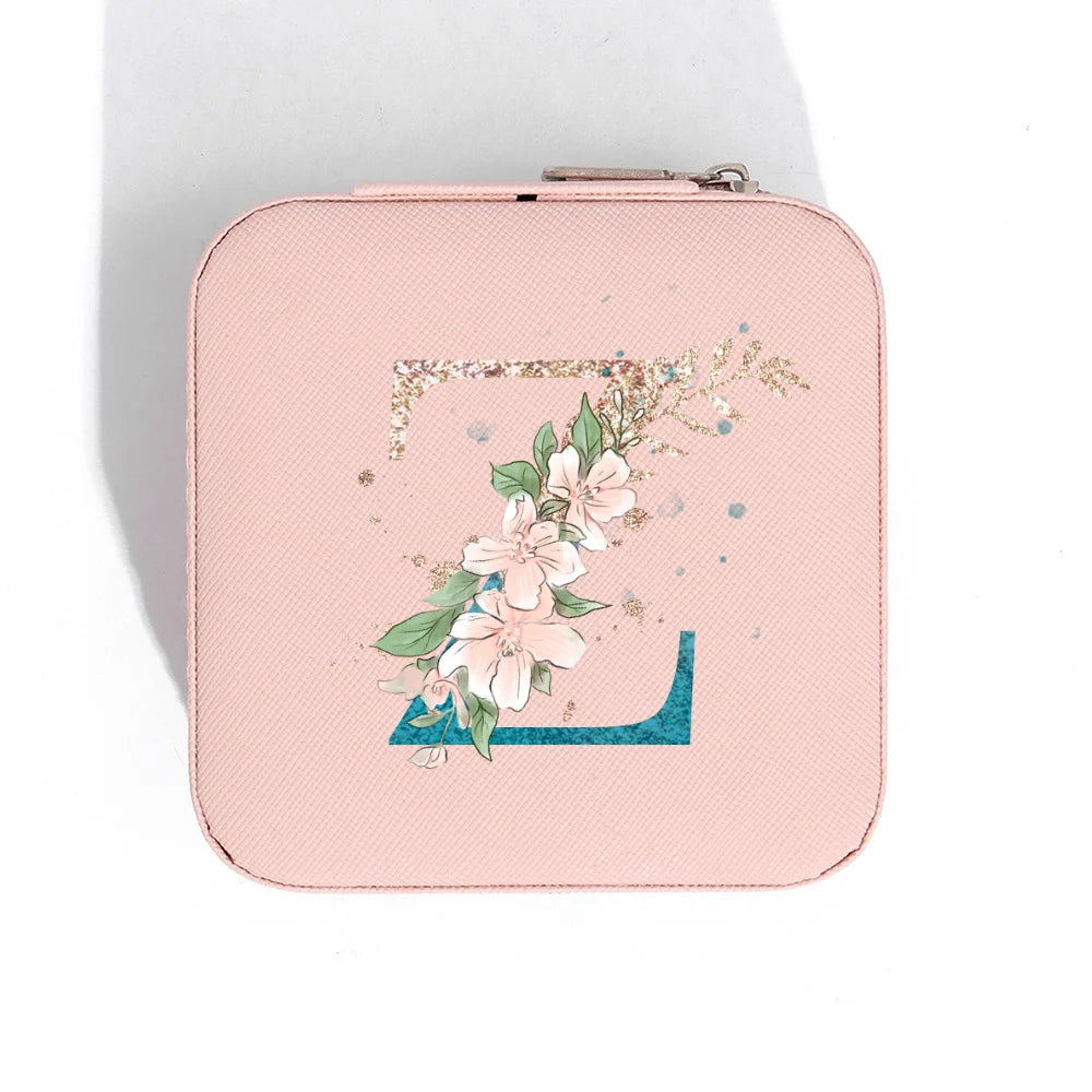 A-Z Alphabet Print Pink Travel Jewelry Organizer with Zipper Closure and Fabric Lining