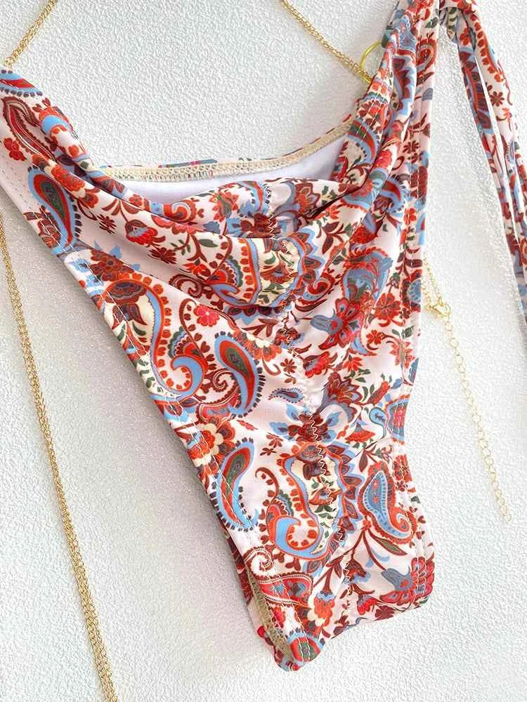Sexy Triangle Chains Bikini Sets Micro Thongs Swimsuit Women Bathing Suit Biquini Bandage Beachwear Print Swimwear Thong Bikini