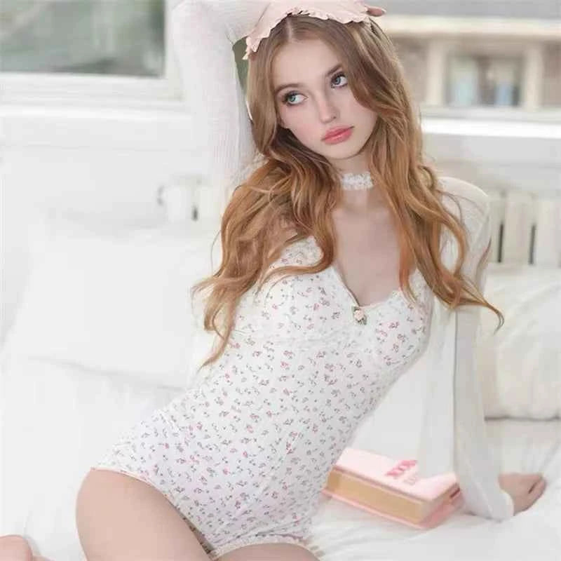 Women Sexy  Floral Print Bodysuit Lace Trim Sleeveless Slim Fit Leotard Summer Jumpsuit Romper Sexy Underwear Nightwear Lingerie