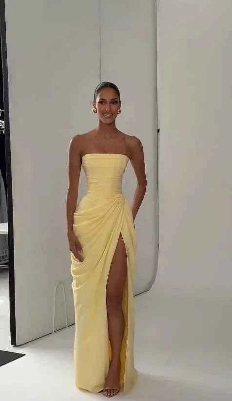 Yellow Strapless Pleated Dress Women Elegant Sexy Sleeveless Waist Cinching Split Maxi Gowns 2026 Lady New Evening Party Dresses