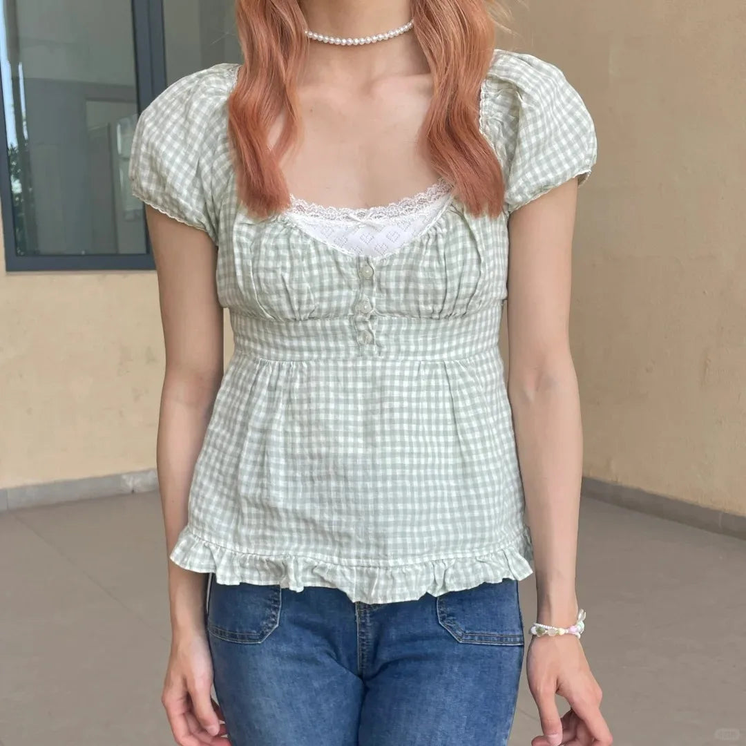 White Striped V-neck Buttons T-shirts Women New Casual Cotton Lace Trim Sexy Crop Tops Sweet Cute Preppy Style Blouse Tees Y2K