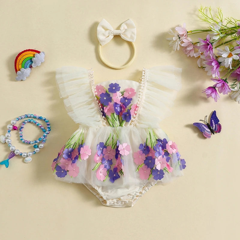 Baby Girl Princess Romper Dress Cute Summer Ruffle Sleeveless 3D Flower Tulle Tutu Rompers with Headband 2Pieces Infants Outfits