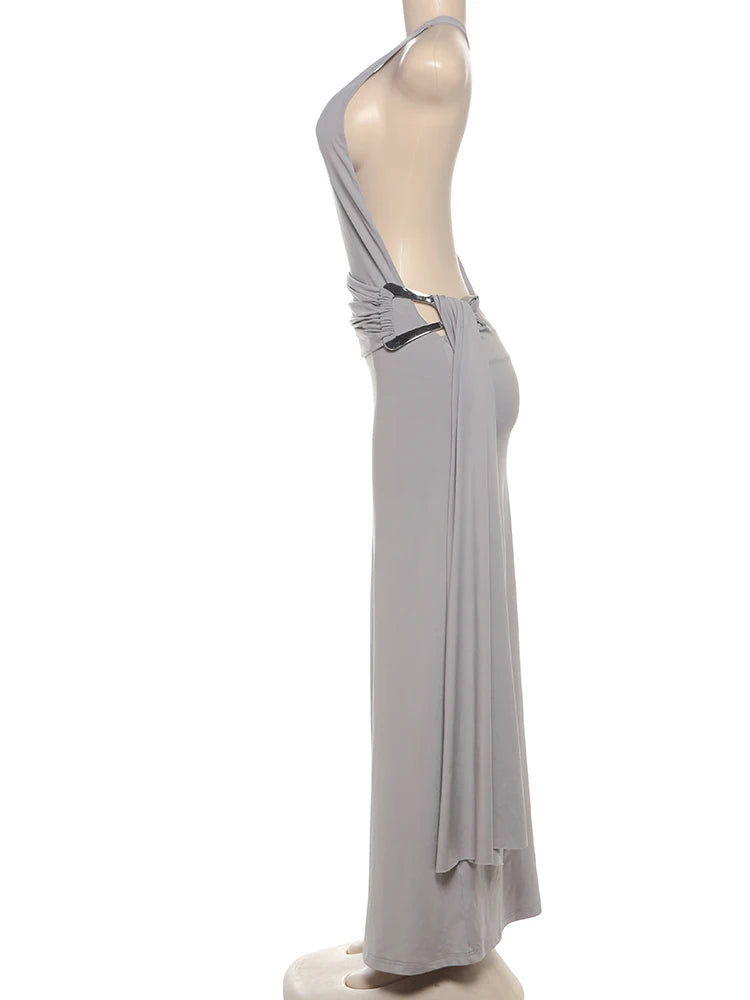 Kliou High Street Women Dresses Concise Incline Shoulder Ribbons Backless Sheath Maxi Vestidos Female Elegant Holiday Trend Robe