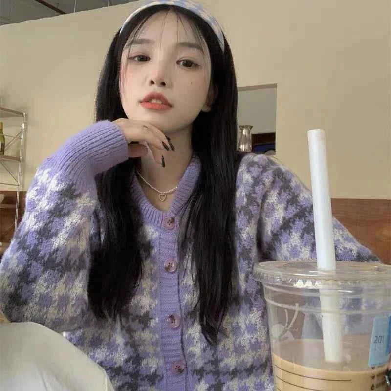 Y2k Pink Women Cardigan Korean Sweet Plaid Long Sleeve Female Sweaters Harajuku New O Neck Preppy Style Ladies Tops