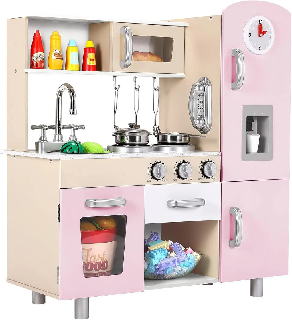 Wooden Play Kitchen Set Pretend Play Kitchen with Lights and Sounds for Kids Ages 3+, Includes Stove Oven Microwave Coffee Maker