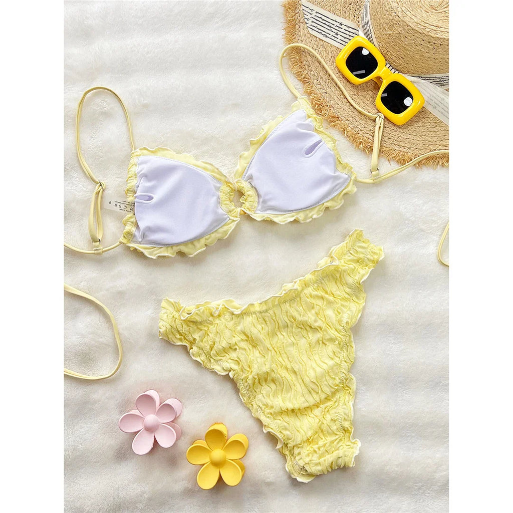 Wrinkled Crinkled Frilled Bikini Female Swimsuit Women Swimwear Two-Pieces Bikini Set Brazilian Bather Bathing Suit Swim V8053