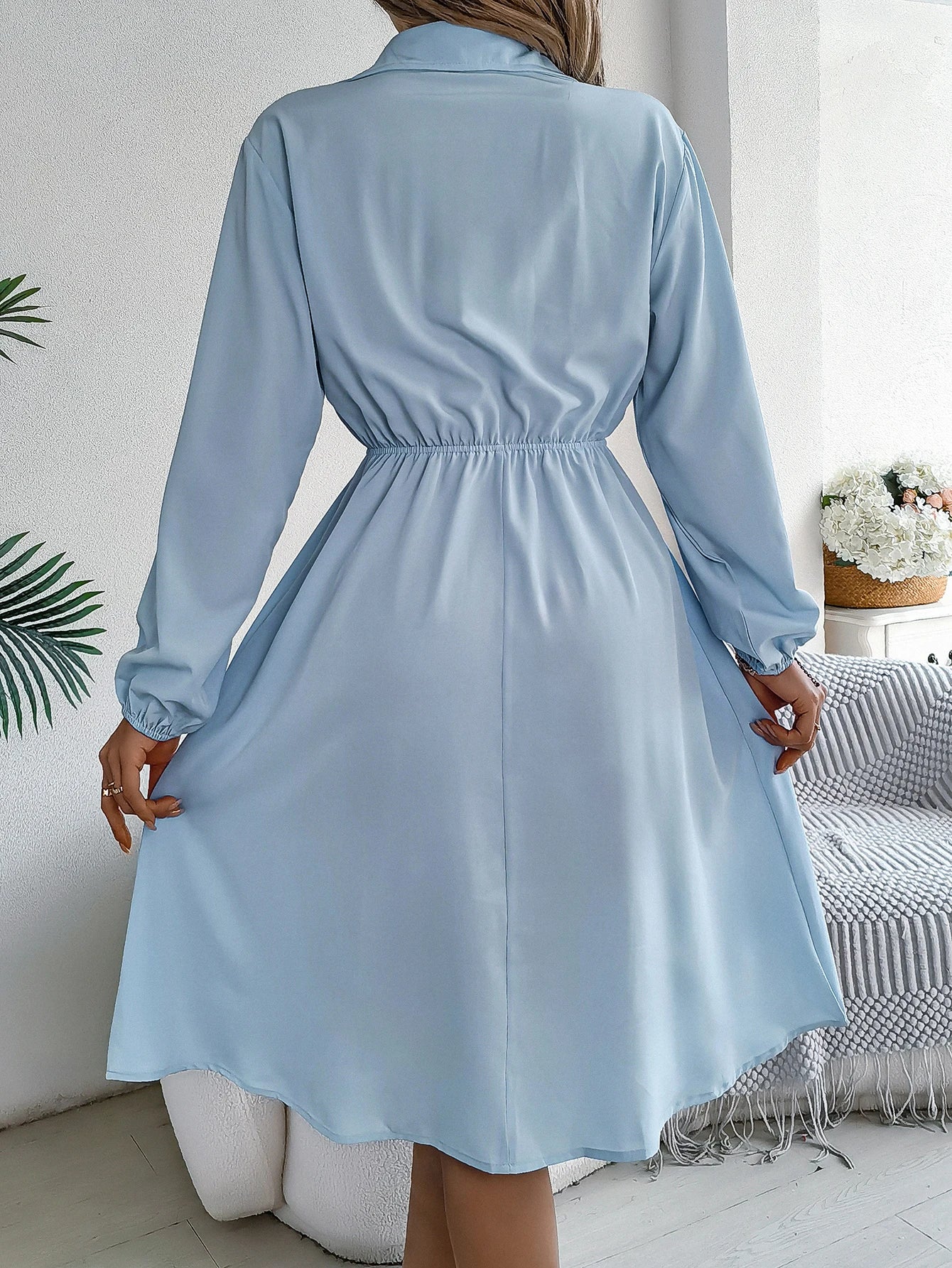 Autumn Winter Dresses for Women Casual Solid Color Button Tie Up Long sleeved Shirt Dress Blue  Green Black Red Woman Clothing