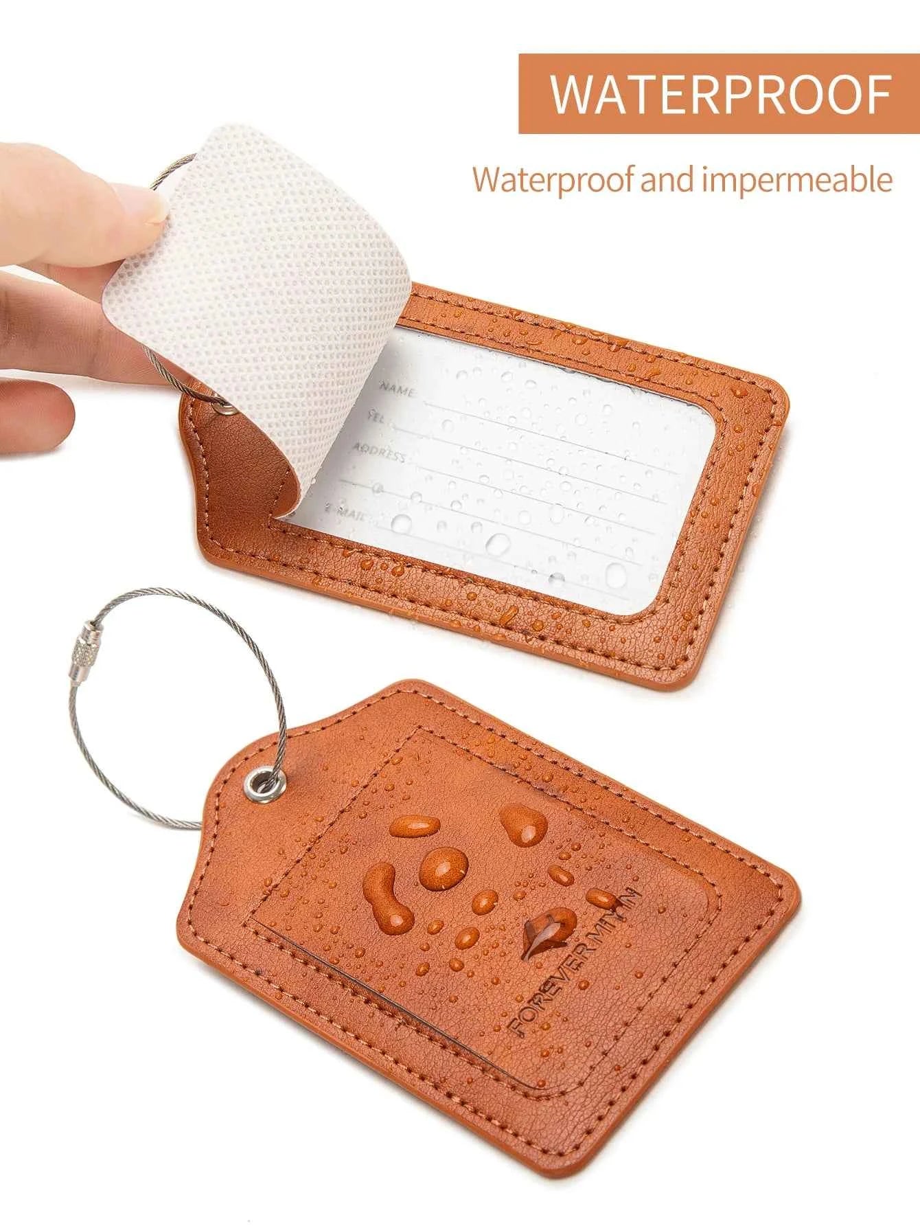 PU leather luggage tag with anti loss wire rope loop and built-in privacy protection cover, suitable for luggage and travel bags