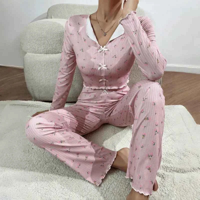 Y2K Cute Floral Ribbed Pajama Set Womens Long Sleeve V Neck Two Piece Sleepwear Homewear Autumn Winter Bow Lettuce Trim New Hot