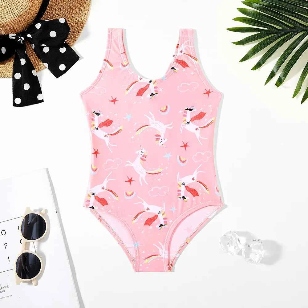 Girls' one-piece cartoon print swimsuit, children's polka-dot animal one-piece swimsuit with hollow back, beach wear
