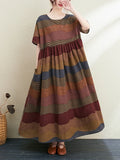 2026 New Summer Cotton Linen Short Sleeve Vintage Striped Print Dresses For Women Long Fashion Dress Elegant Vestidos Robe Femme