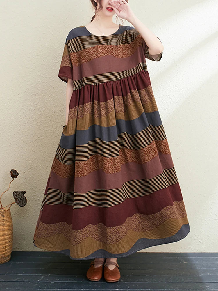2026 New Summer Cotton Linen Short Sleeve Vintage Striped Print Dresses For Women Long Fashion Dress Elegant Vestidos Robe Femme