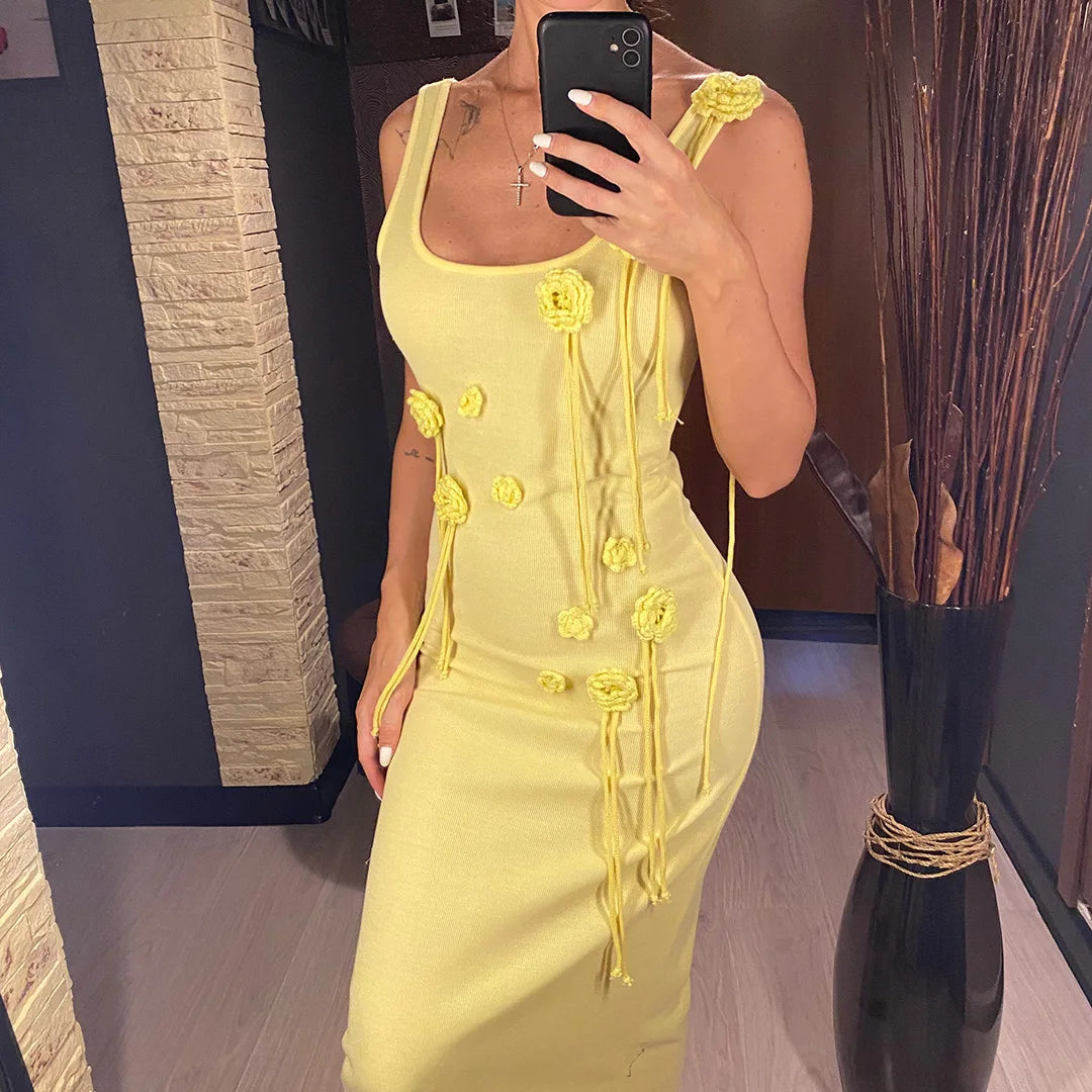 Beachwear Cover-ups Knitted Beach Dress Women Vacation Fashion 3D Flower Slim Holiday Outfits Summer Maxi Party Dresses V6181