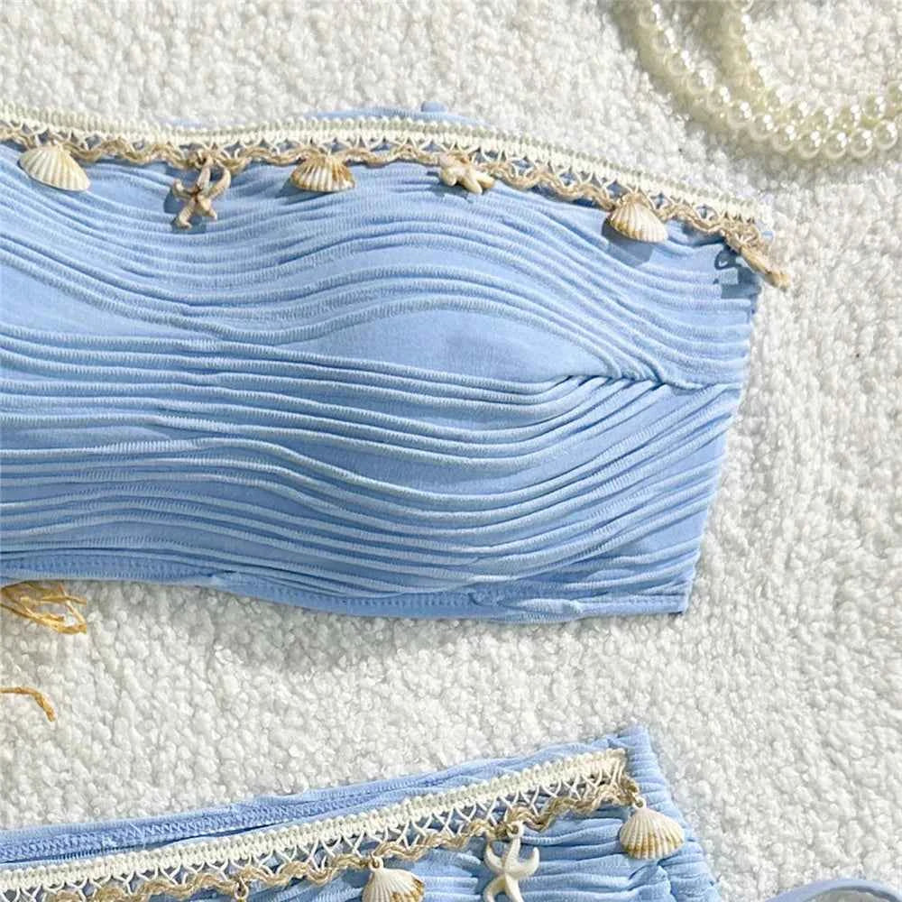 Shell Starfish Edge Bandeau Bikinis Sets Yellow Texture Solid Swimwears Sexy Swimsuit Women 2026 Lace-up Bathing Suit Bikini