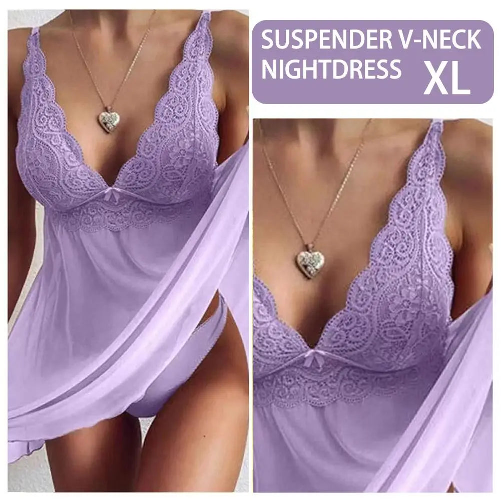 Women's Lingerie Set Seductive Deep V Neck Lace Chemise Nightwear, Sheer Mesh Babydoll Sleepwear Dress for Bridal Night