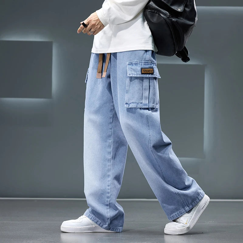 2026 New Wide Leg Washing Jean Pants Men Trousers Neutral Solid Color Loose Casual Fashion Pocket Cargo Pants Big Size 8XL
