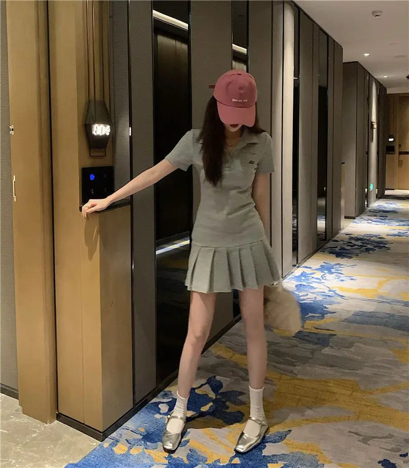 Pleated Dresses Women Sporty Minimalist Summer Female Turn-down Collar New Korean Style Casual Hotsweet Empire Fashion Harajuku