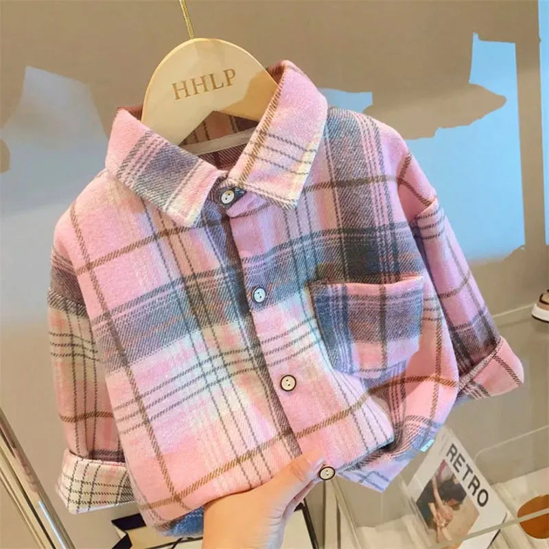 Autumn Children's clothes Girls Boys Casual Retro Lapel Shirt Long Sleeves Single-breasted Tops Blouses Plaid Shirts